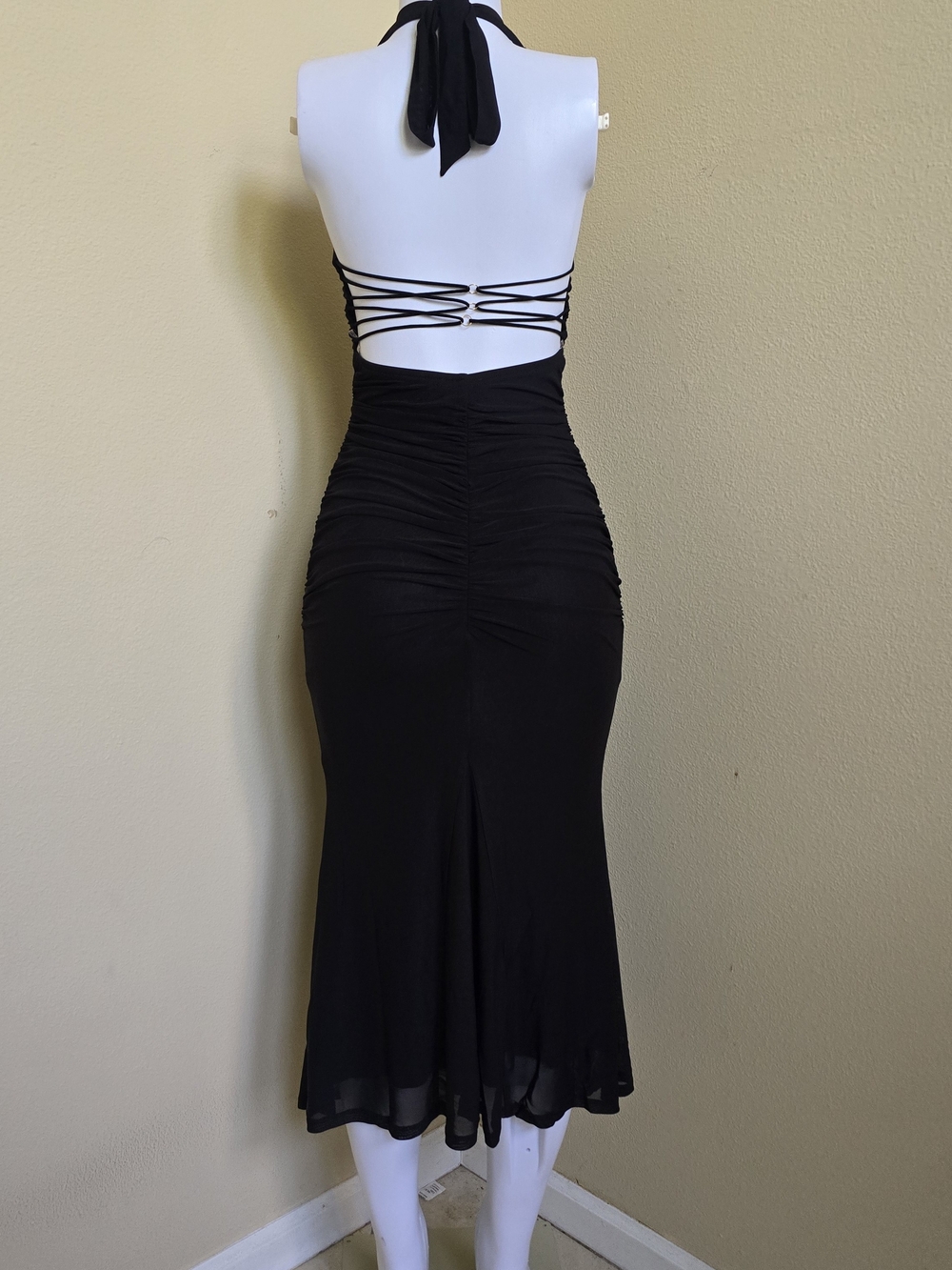 Black Halter Midi Dress with Ruched Back and Strappy Detail